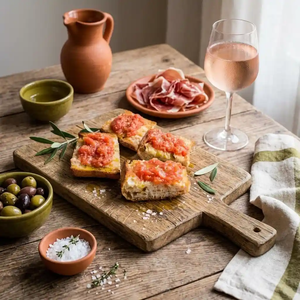 pan con tomate servi à l'apéritif avec olives, charcuterie et verre de rosé