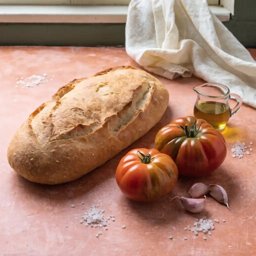 Ingrédients du pan con tomate : tomates mûres, ail, pain et huile d'olive