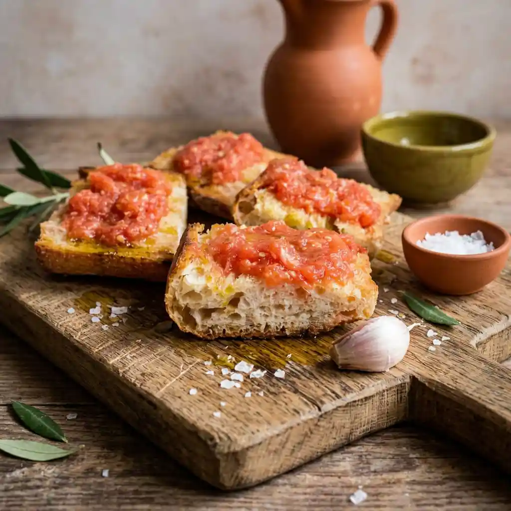 pan con tomate maison sur planche en bois, tartines dorées à la tomate fraîche râpée