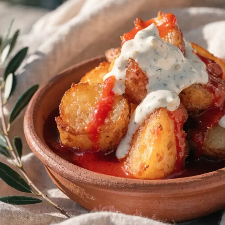 patatas bravas​ croustillantes nappées de sauce brava rouge et d'aïoli