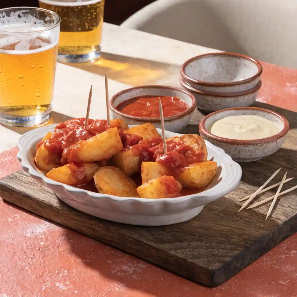 patatas bravas servies à l'apéro avec aïoli et sauce brava à partager
