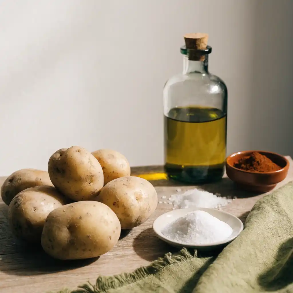 Ingrédients des patatas bravas : pommes de terre farineuses, huile d'olive, paprika