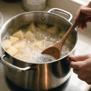 Précuisson des pommes de terre au bicarbonate, première étape des patatas bravas