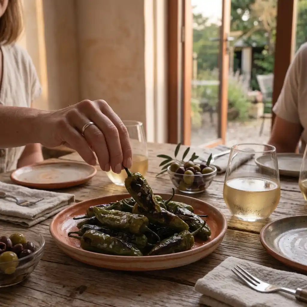 Pimientos de padron partagés à l'apéritif, une main saisissant un poivron grillé