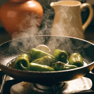 Cuisson des pimientos de padron à la poêle dans l'huile d'olive avec une gousse d'ail