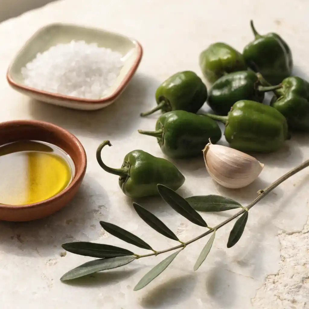 Ingrédients des pimientos de padron : poivrons verts, huile d'olive, ail, fleur de sel