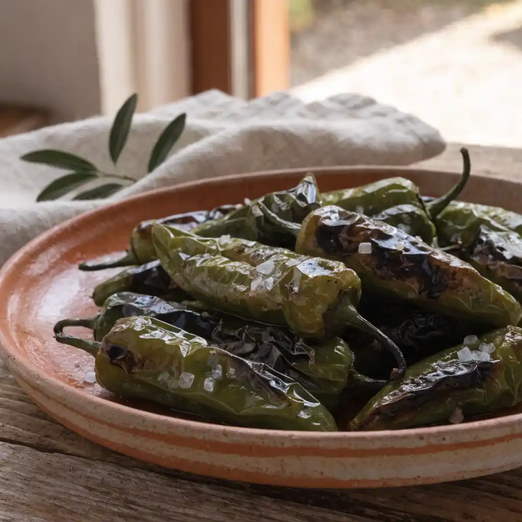 pimientos de padron​ grillés servis dans un plat en terre cuite avec fleur de sel