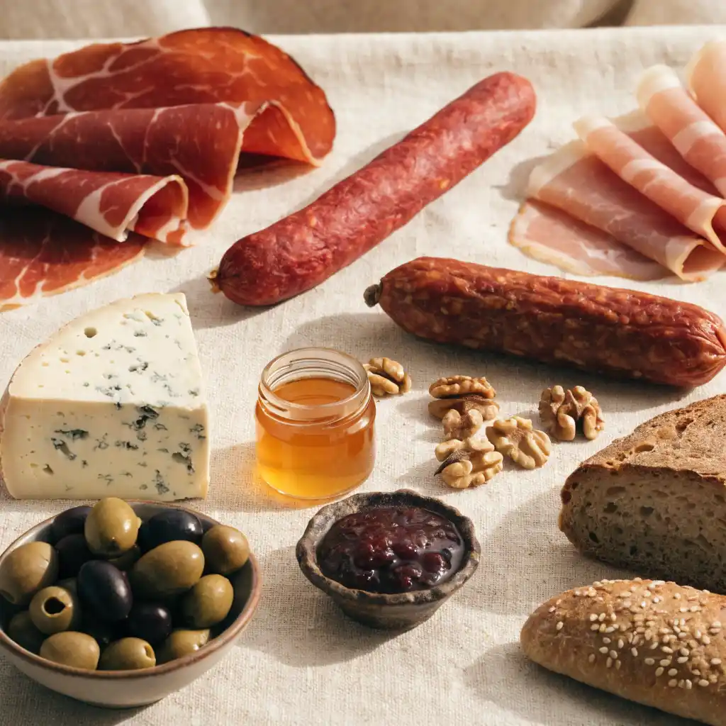 Ingrédients du plateau de charcuterie disposés à plat sur fond crème