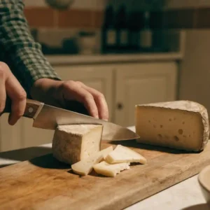 Étape 1 du plateau de fromage : découpe des fromages sur une planche en bois