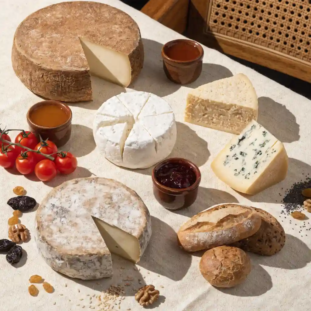 Ingrédients d'un plateau de fromage : cinq fromages, miel de montagne, figues et pains