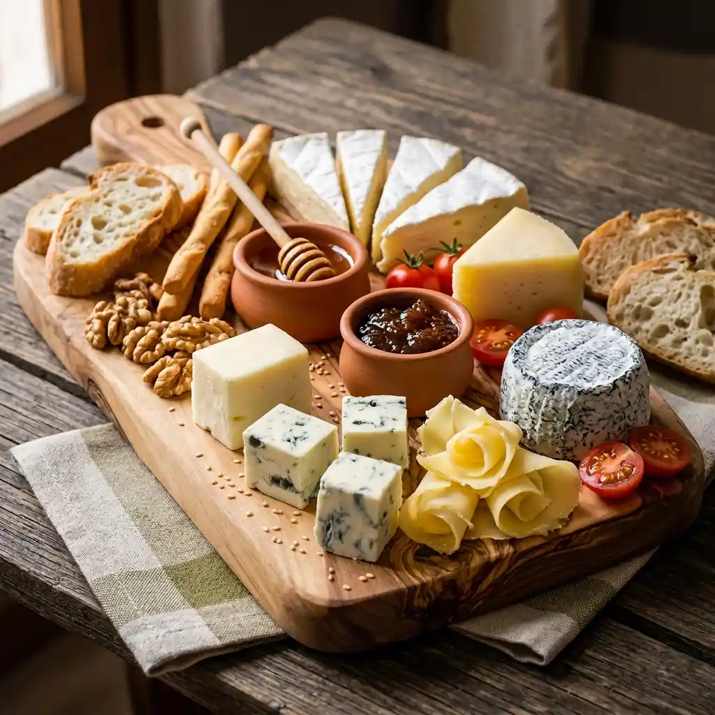 plateau de fromage maison dressé sur une planche en bois avec pains, miel et fruits