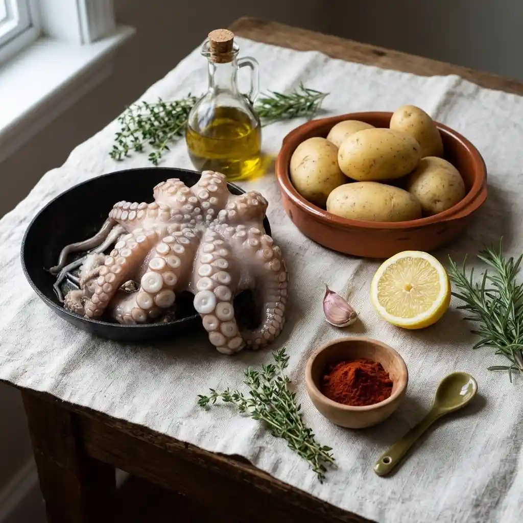 Ingrédients du poulpe à la galicienne : poulpe, pommes de terre, pimentón