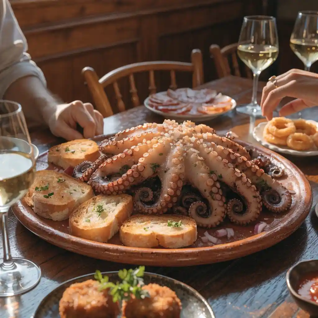 poulpe à la galicienne dressé au centre de la table pour un apéro partagé