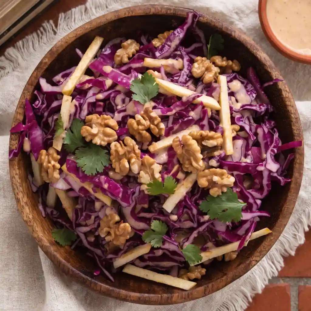 recettes de salades d'hiver : chou rouge croquant aux pommes, noix et coriandre