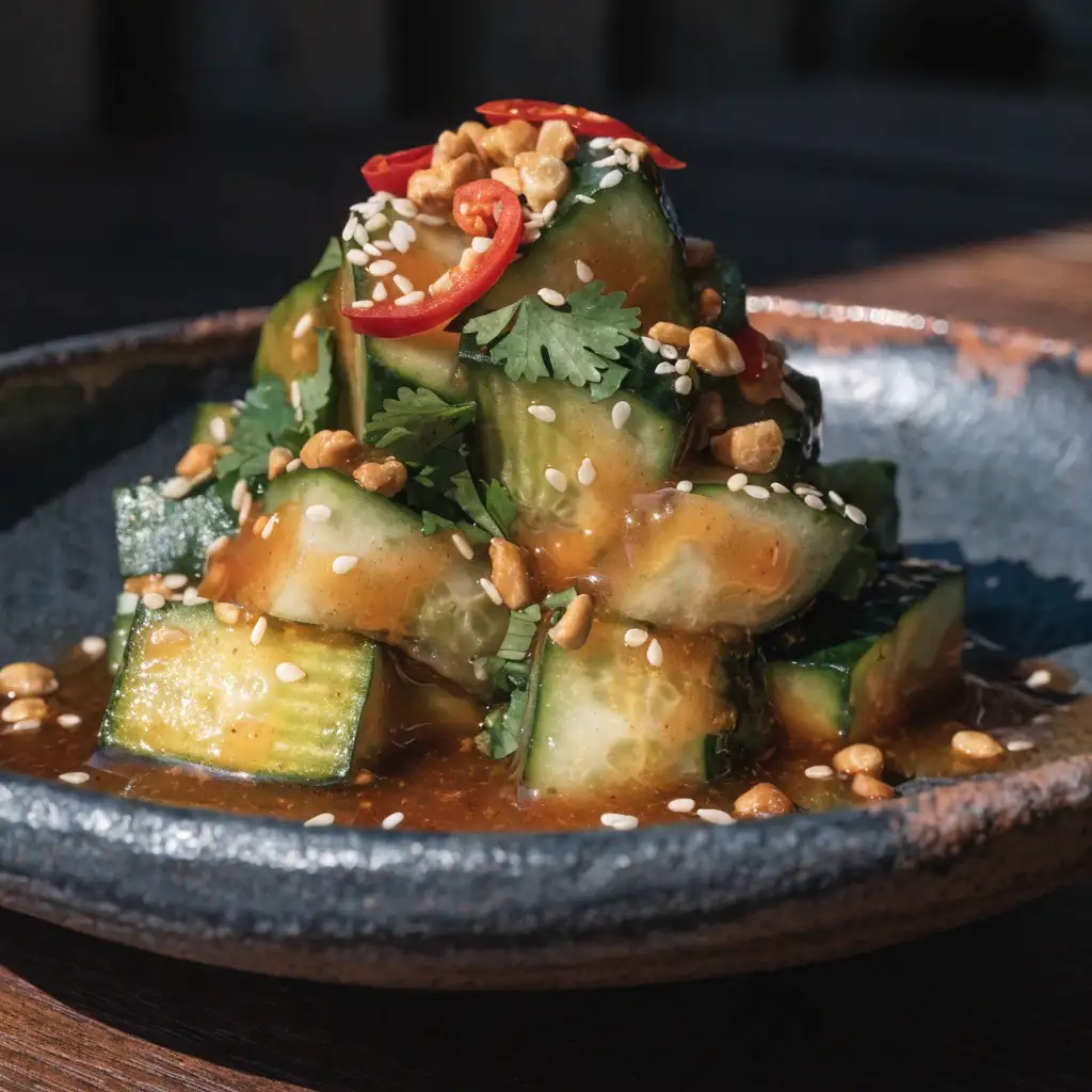 recettes de salades asiatiques : concombre aux cacahuètes et sauce miel-chili