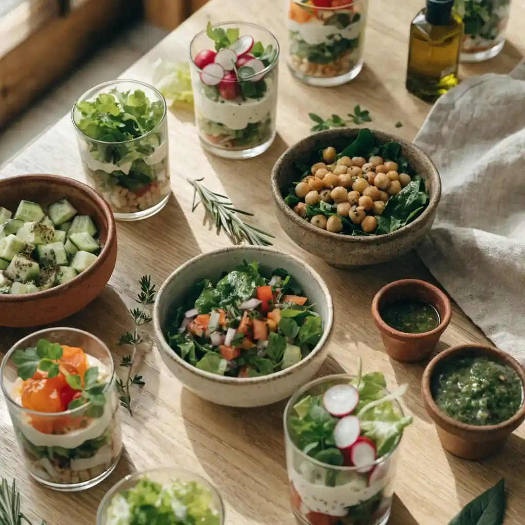 Recettes de salades variées présentées en verrines sur une table en bois par le Chef Benoît Lambert