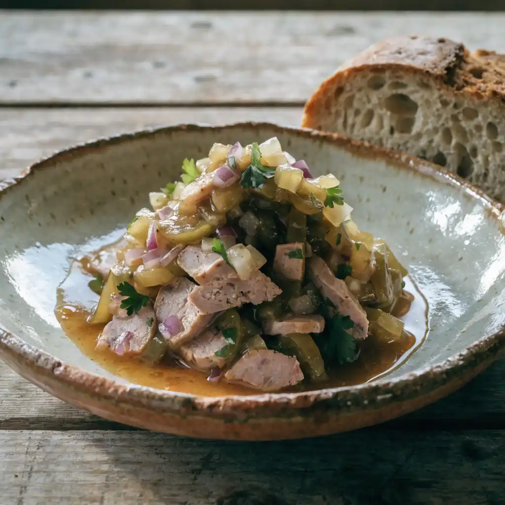 recettes de salades niçoises : museau en vinaigrette aux cornichons et oignons rouges