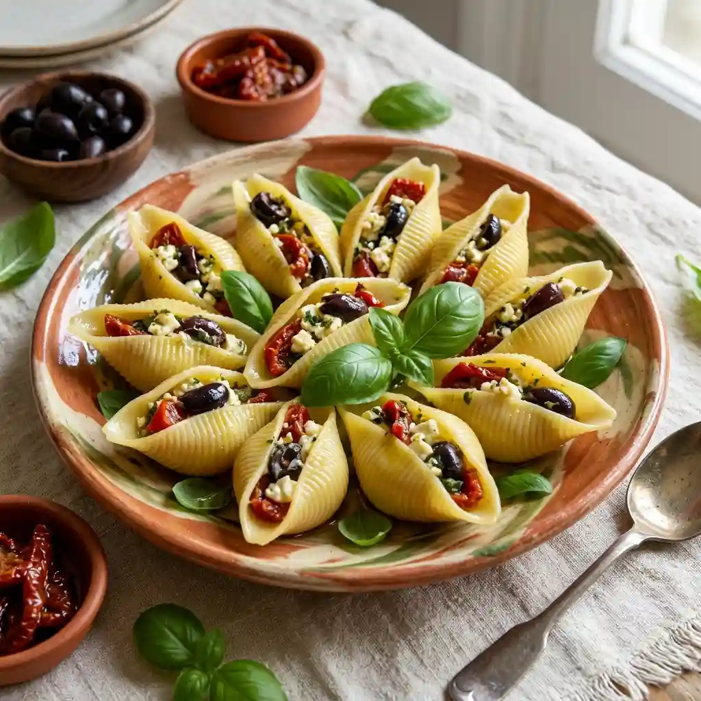 Recettes de salades de pâtes froides : conchiglioni farcis feta, olives et tomates