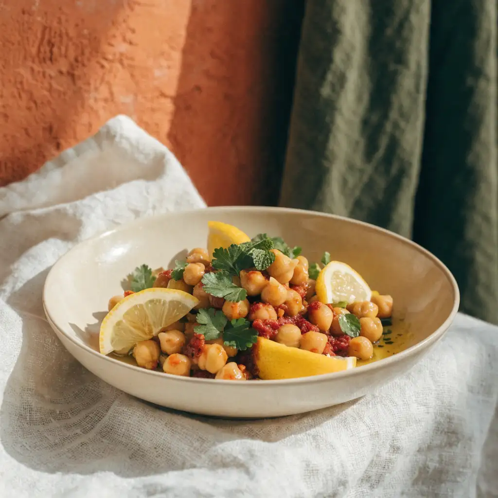 recettes de salades express : pois chiches à l'ail, citron et harissa dans un saladier