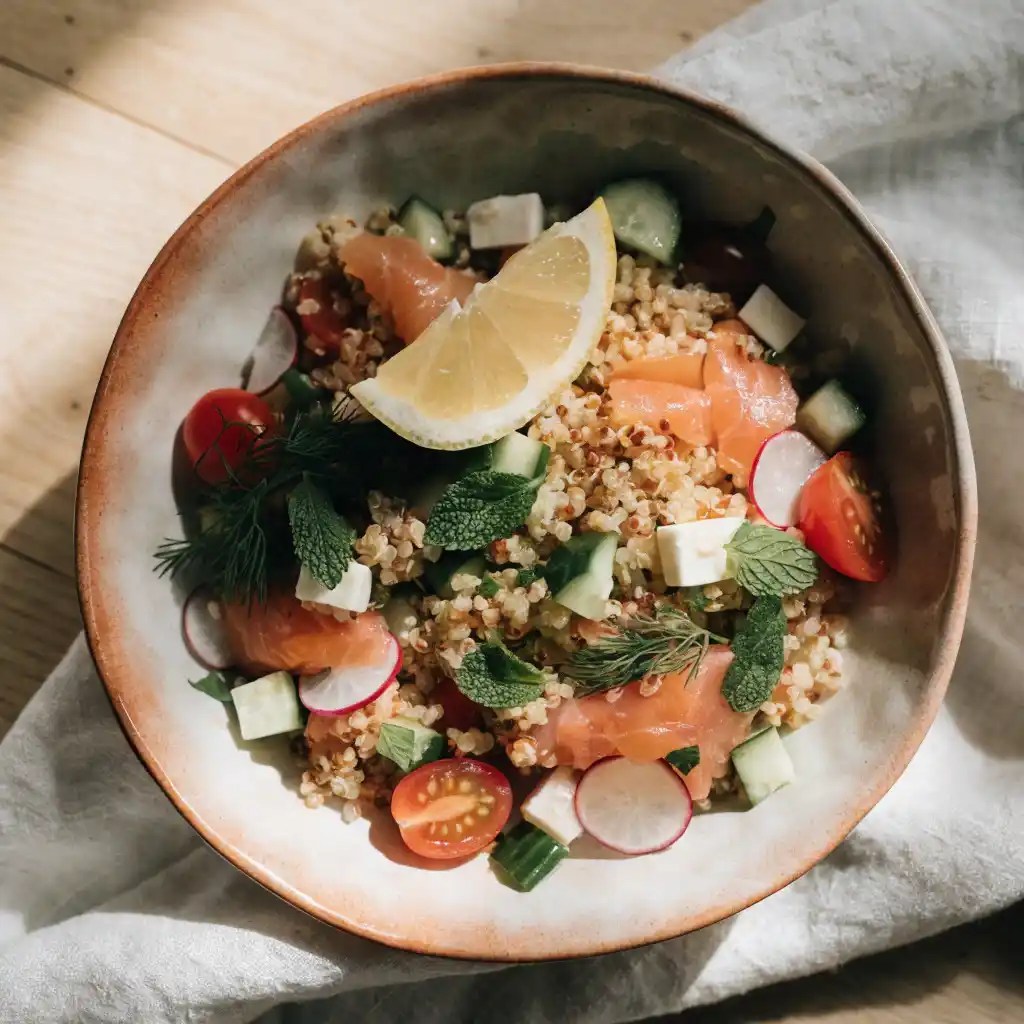 Recettes de salades au quinoa : quinoa, saumon fumé, concombre et aneth