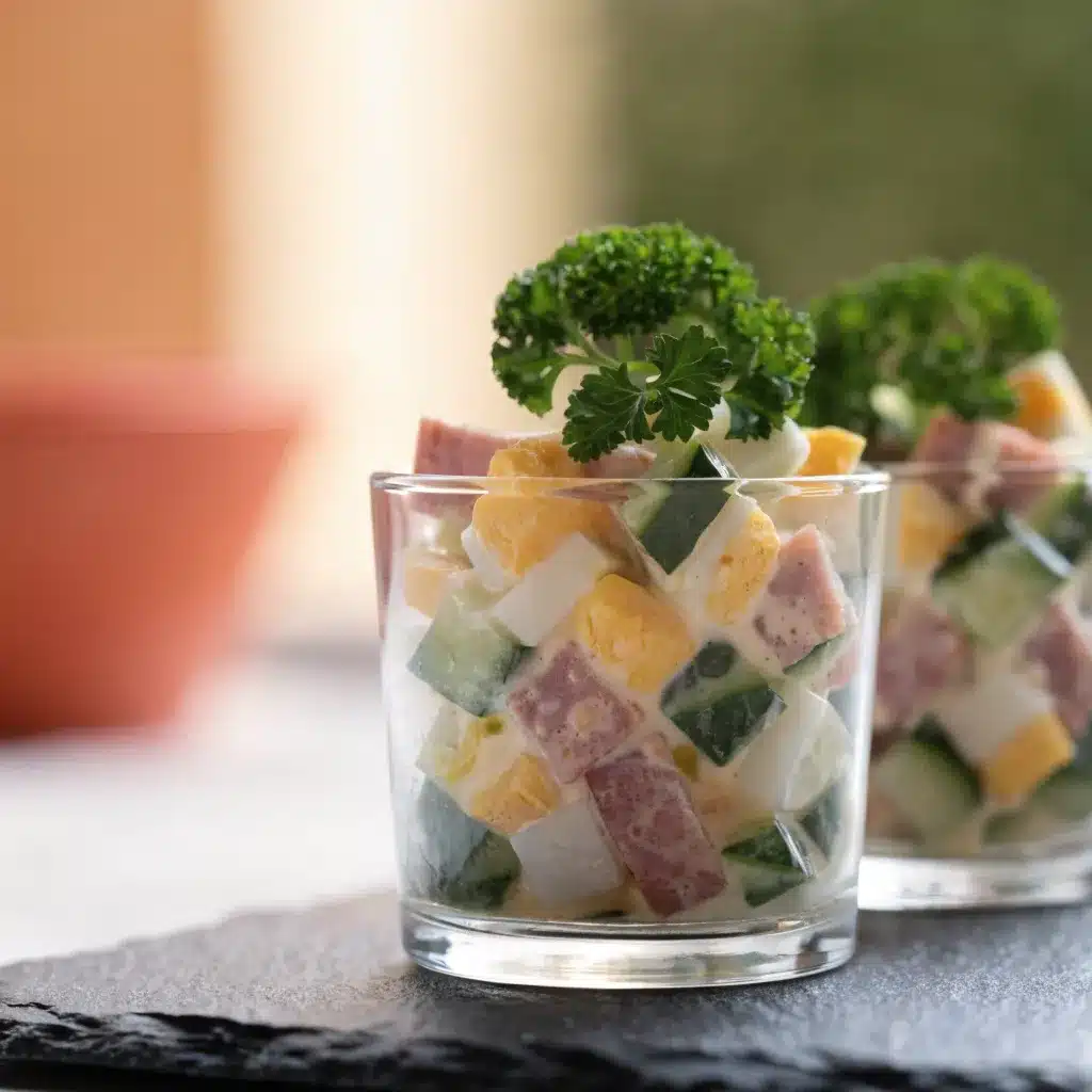 Recettes de salades classiques : salade russe en verrines à la brunoise de légumes