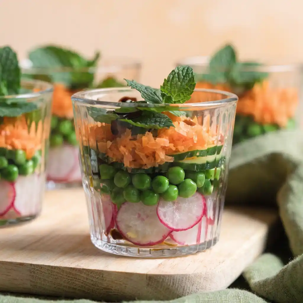 Recettes de salades végétariennes : radis, petits pois, carottes et menthe en verrines