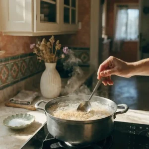 Étape de cuisson du quinoa dans une casserole pour préparer la salade au quinoa