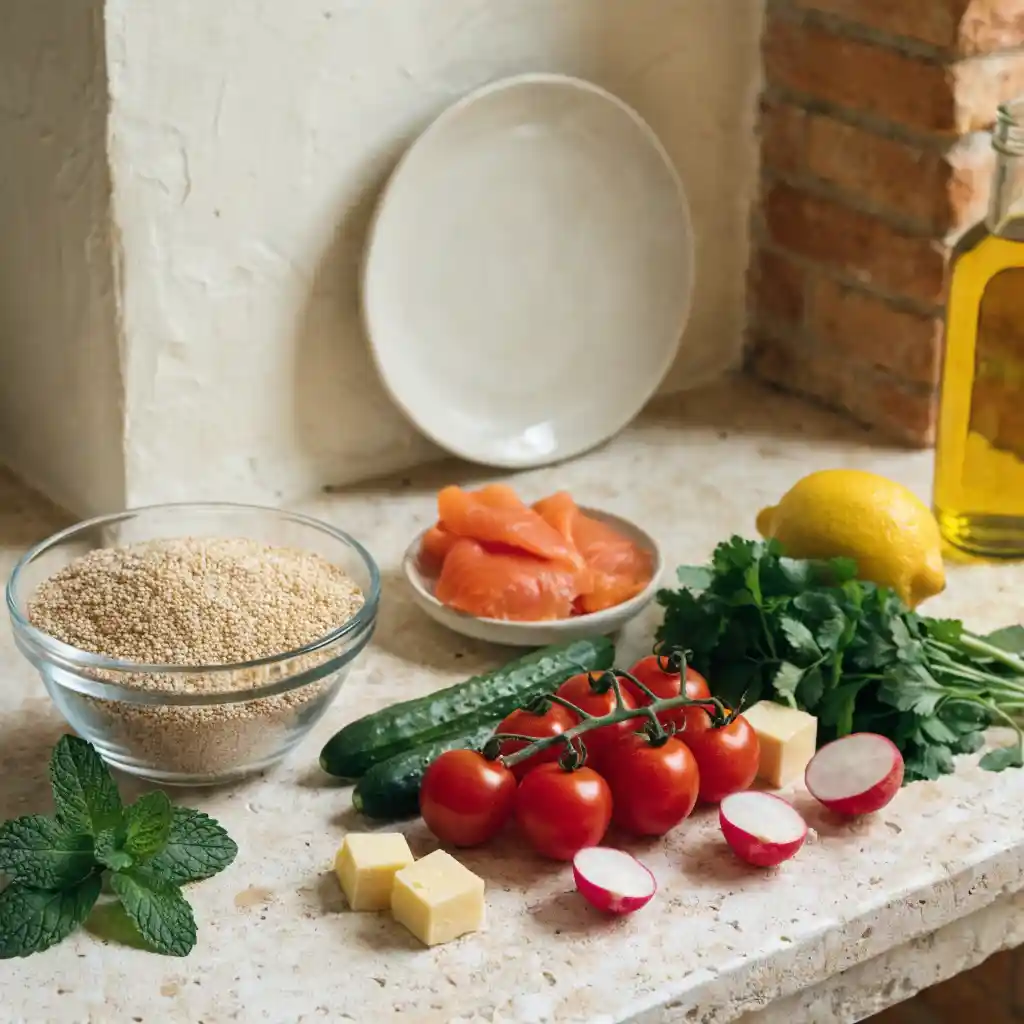 Ingrédients frais pour une salade au quinoa disposés à plat sur un plan de travail