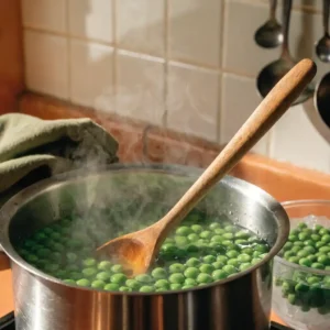 Cuisson des petits pois dans l'eau bouillante, première étape de la salade végétarienne