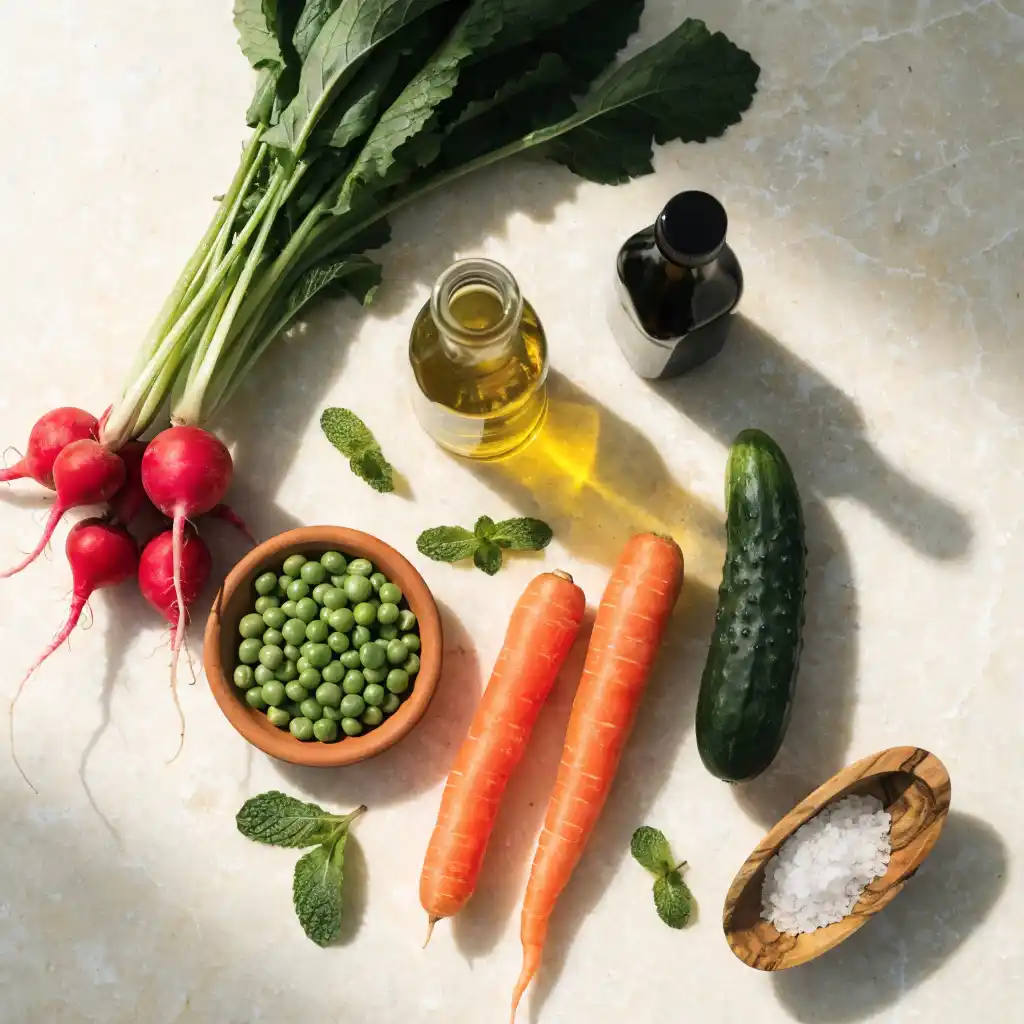 Ingrédients frais de la salade végétarienne : radis, petits pois, carottes, concombre et menthe
