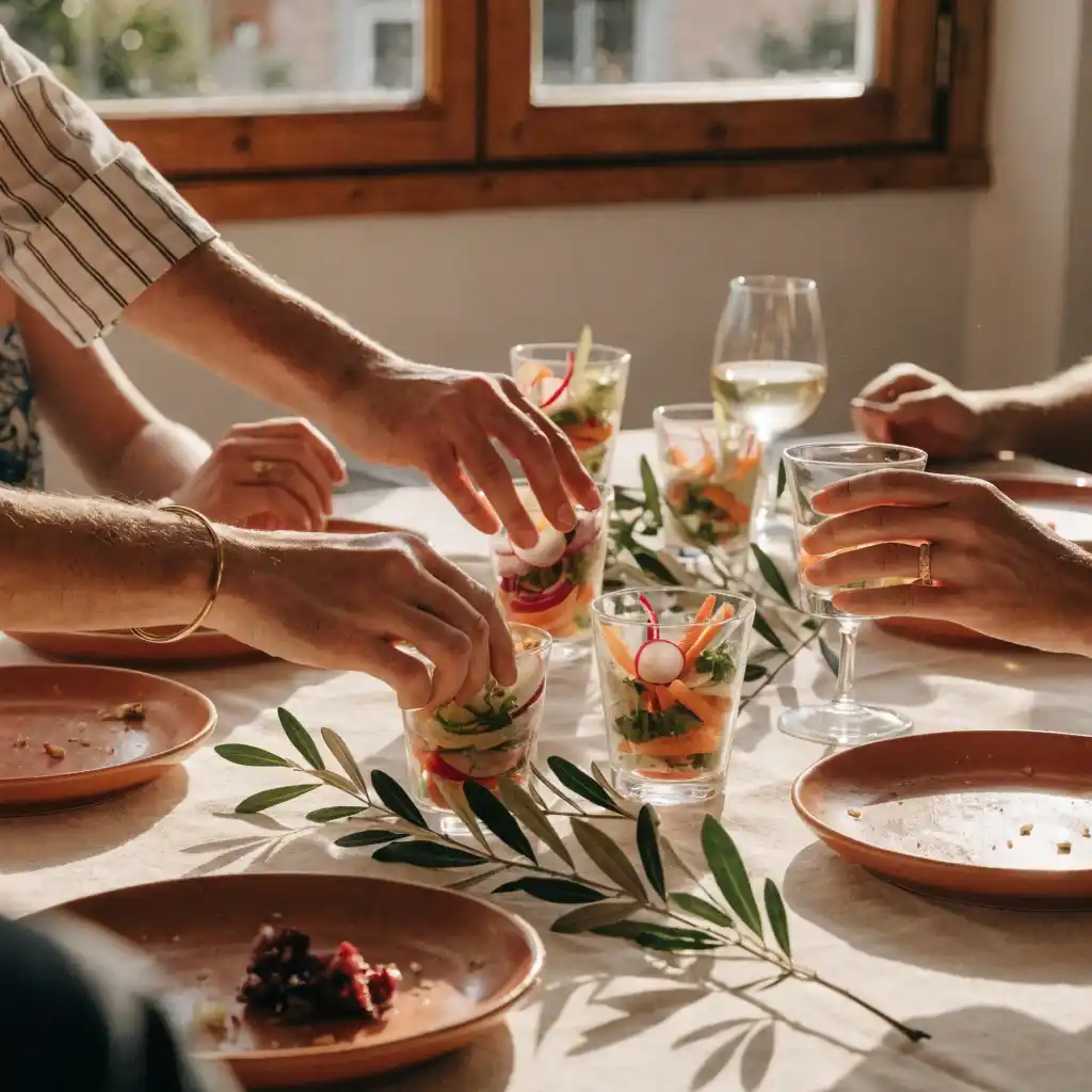 Verrines de salade végétarienne servies sur une table d'apéritif entre amis