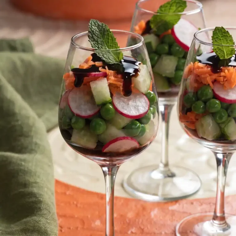 Salade végétarienne printanière servie en verrines avec radis, petits pois, carottes et menthe fraîche