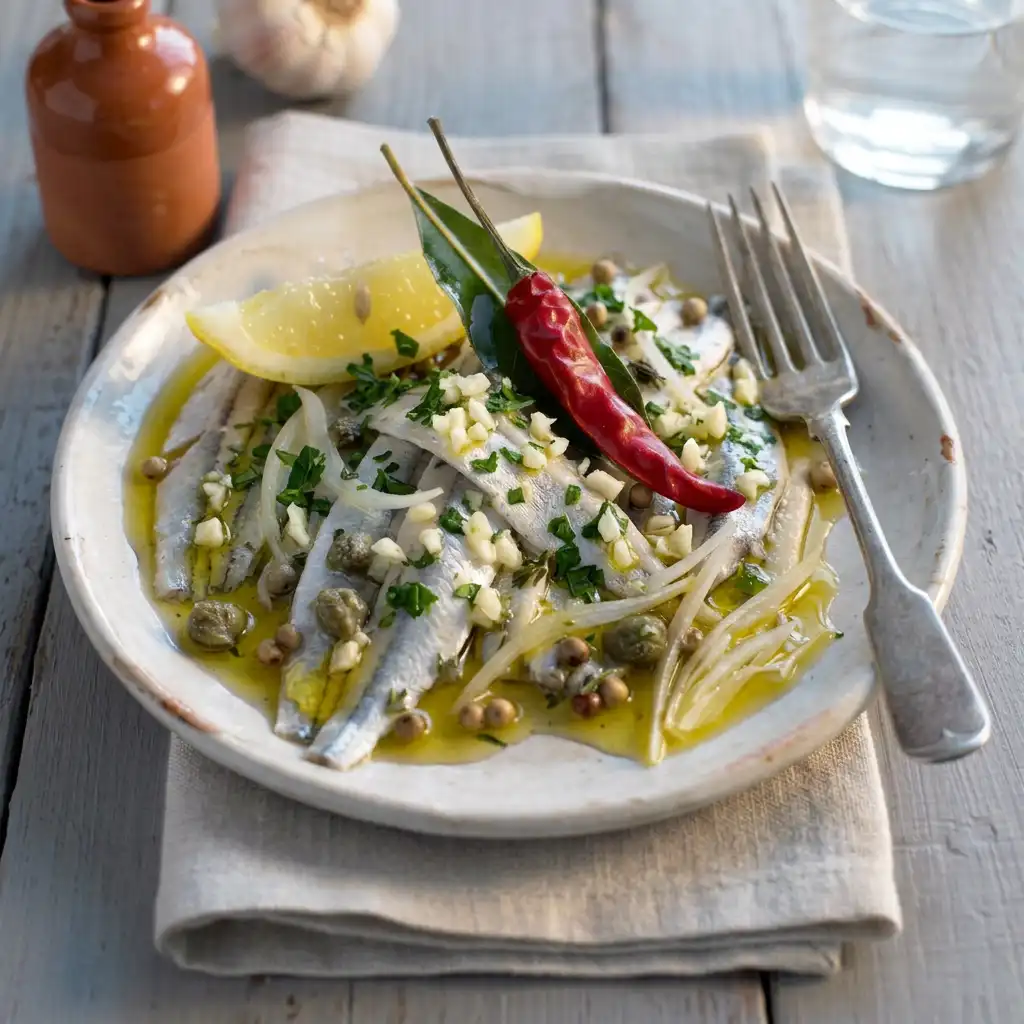 Tapas espagnoles : anchois marinés au vin blanc, ail et persil