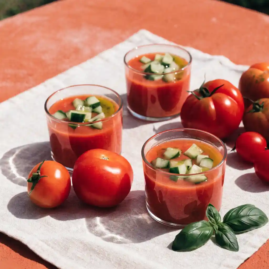 Tapas espagnoles : gaspacho de tomates servi glacé en verrines