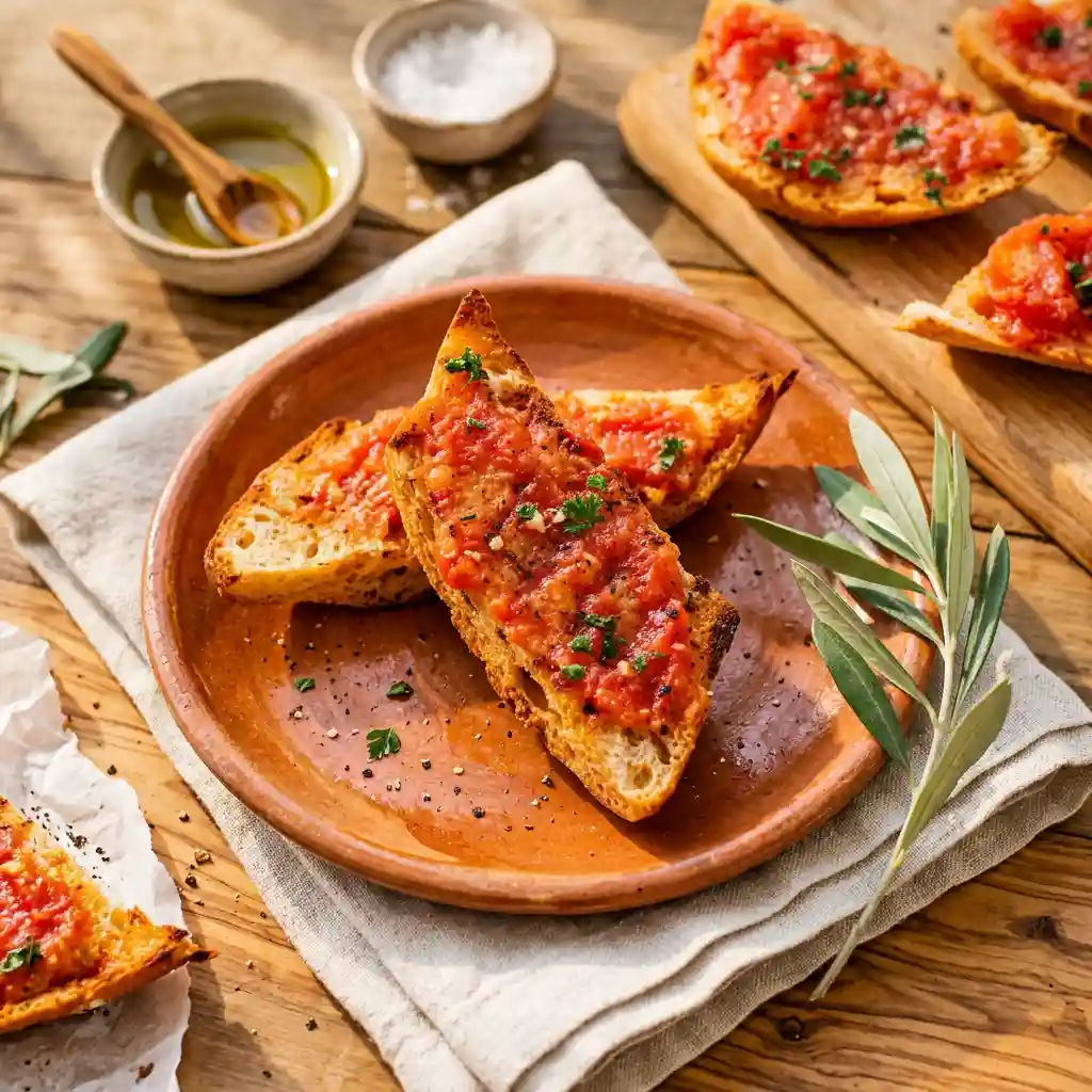 tapas espagnoles : pan con tomate, pain grillé frotté à la tomate et à l'ail