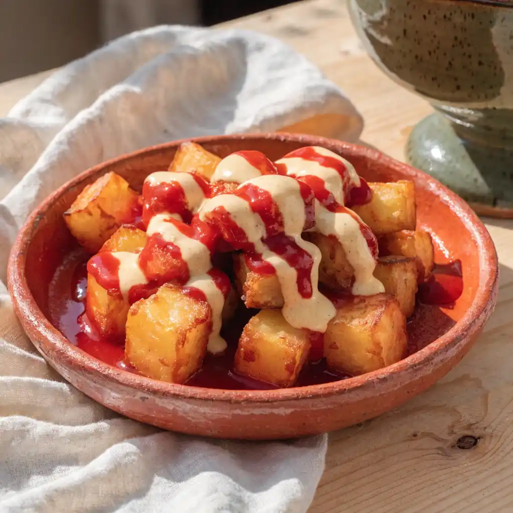 tapas espagnoles : patatas bravas croustillantes nappées de sauce brava