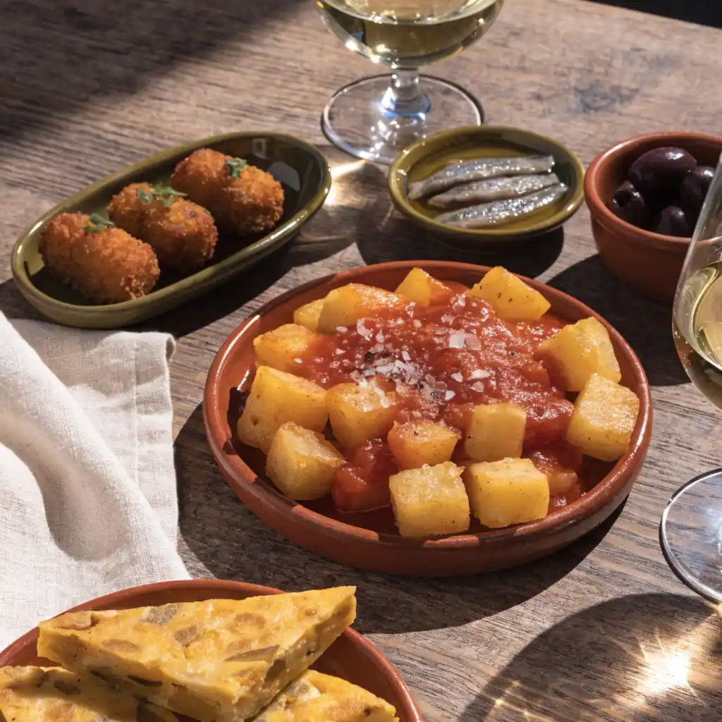 tapas espagnoles variées disposées sur une table en bois pour l'apéritif