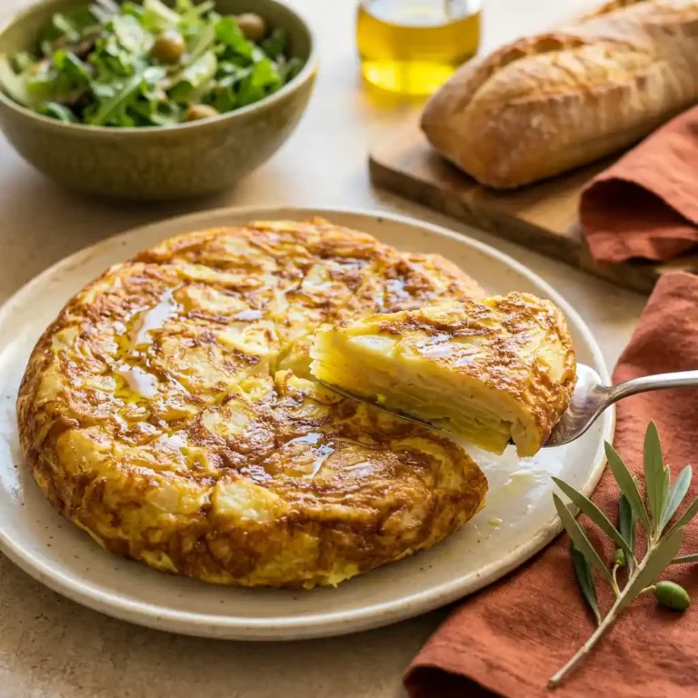 tortilla espagnole​ dorée coupée en parts sur une assiette rustique