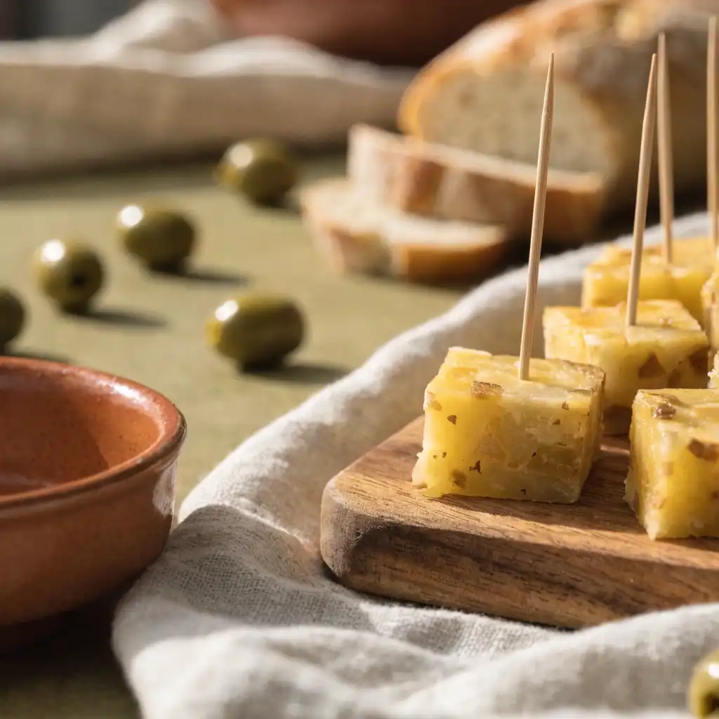 Parts de tortilla espagnole servies en cubes pour l'apéritif