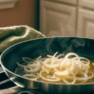 Étape 1 de la tortilla espagnole : oignons émincés fondant dans l'huile d'olive