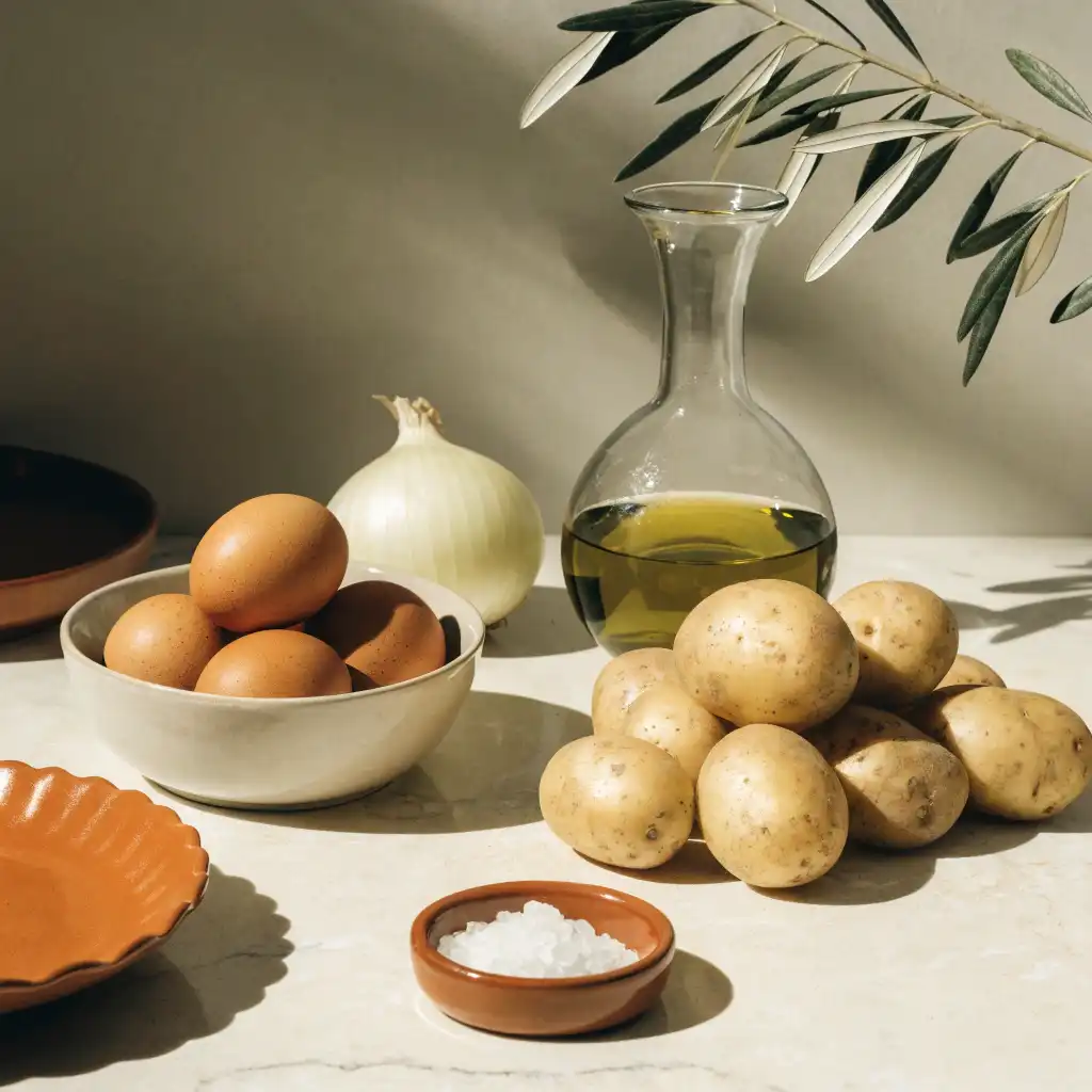 Ingrédients de la tortilla espagnole : pommes de terre, œufs, oignon et huile d'olive