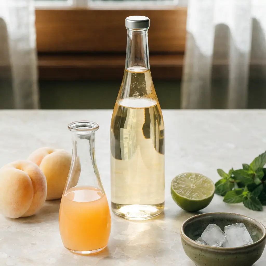 Ingrédients du bellini sans alcool disposés à plat sur un plan de travail
