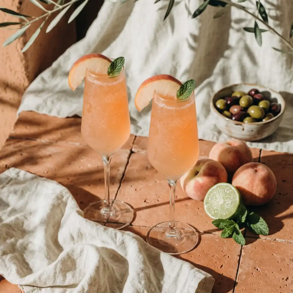 Bellini sans alcool servi à l'apéritif sur une table méditerranéenne