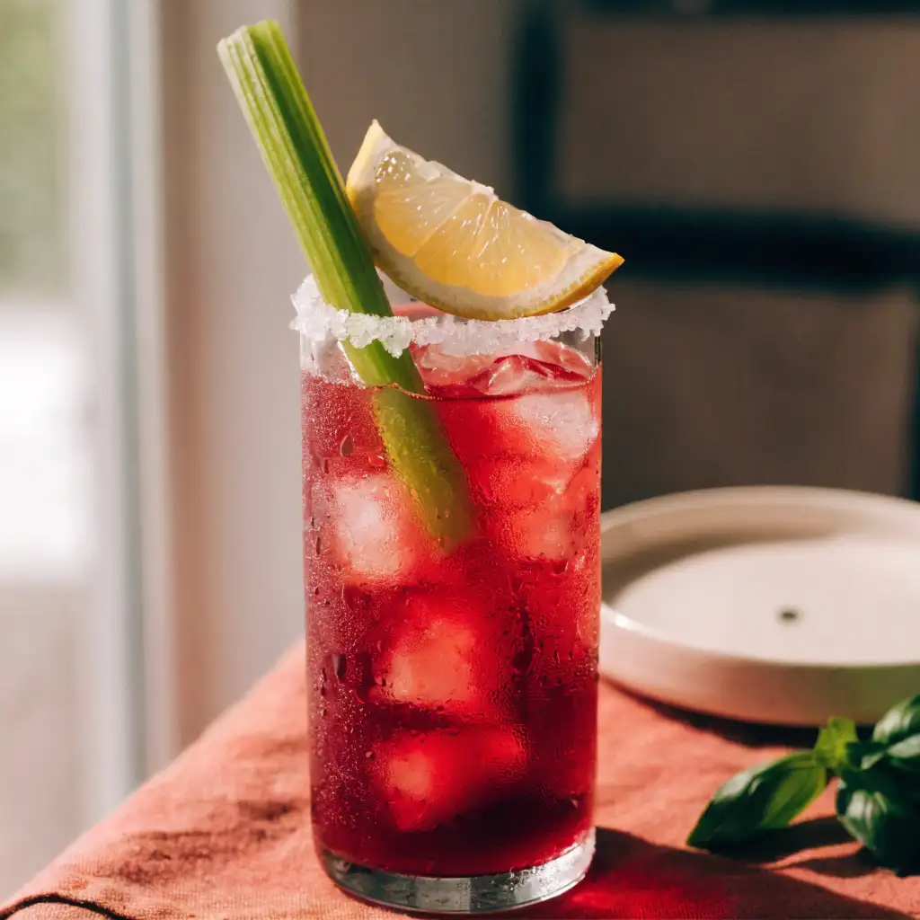 bloody mary sans alcool​ servi dans un verre haut avec une branche de céleri et des glaçons