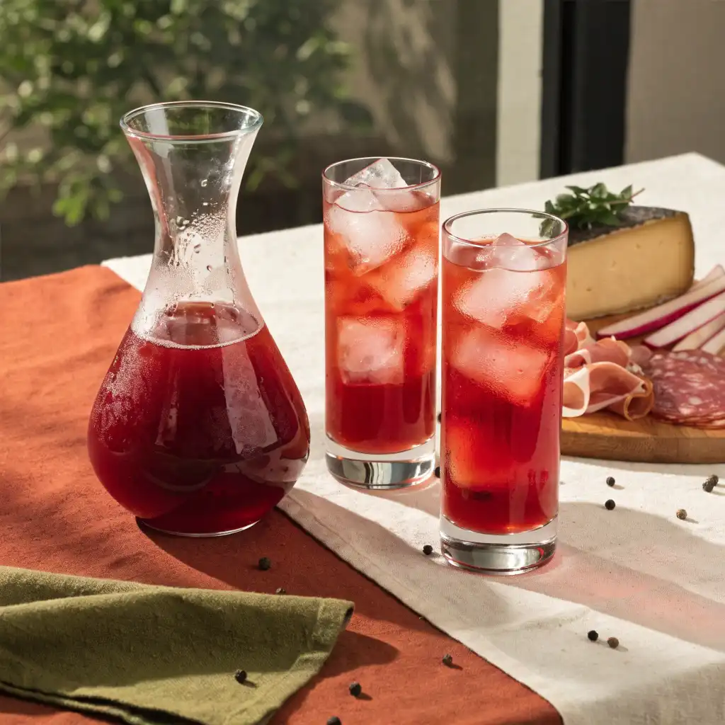 Carafe et deux verres de bloody mary sans alcool posés au centre d'une planche apéritive
