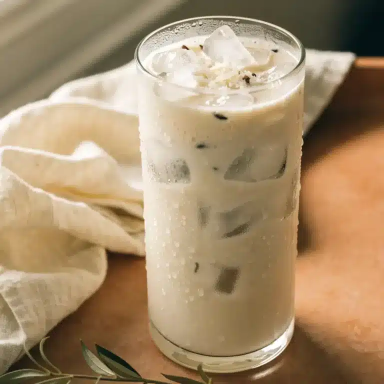 boisson au coco​ vanille servie glacée dans un verre haut avec noix de coco râpée