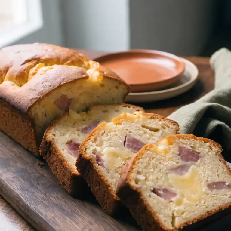 cake au jambon et gruyère tranché sur une planche en bois, mie moelleuse visible