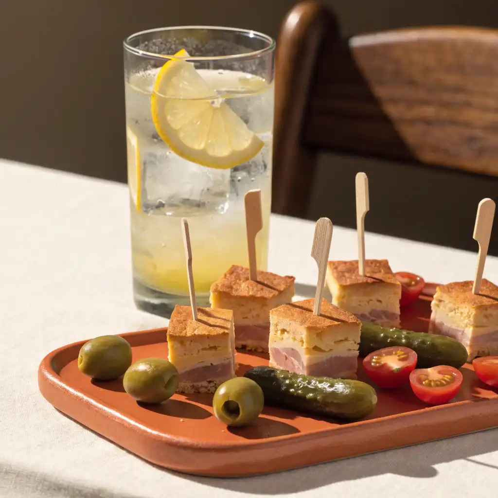 Cubes de cake au jambon piqués sur des piques en bois pour un apéritif dînatoire