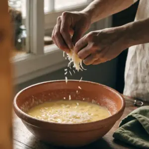 Mains émiettant des bâtonnets de surimi au-dessus d'un saladier d'œufs battus et de crème