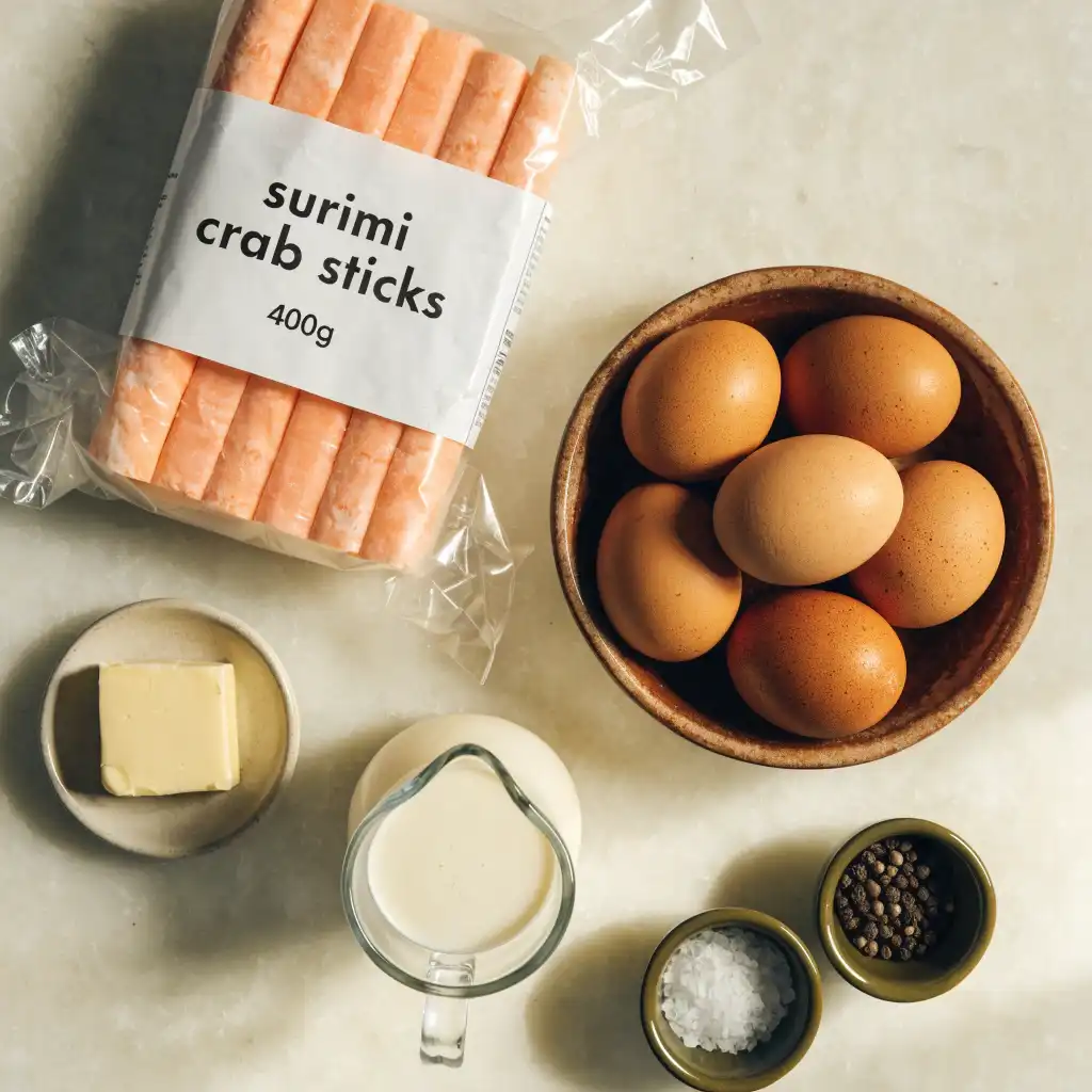 cake au surimi : Bâtonnets de surimi, six œufs, crème liquide entière et beurre sur un plan de travail crème